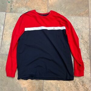 Tommy Hilfiger Men's Long Sleeve Red and Navy Tee